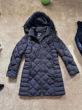 Kenneth Cole Reaction Women's Black Quilted Long Puffer Coat with Faux Fur Hood